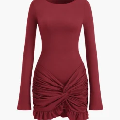 Solid Ruffle Ruched Twist Long Sleeve Mini Dress -Women's Clothing Store c3eb6abb 400a 4617 8cac 19a8c1978a2c