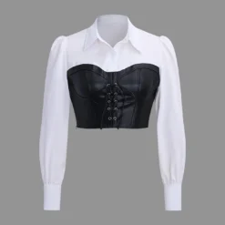 Patchwork Faux Leather Long-Sleeve Shirt