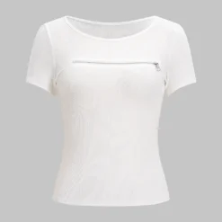 Ribbed Zipper Detail Short Sleeve T-Shirt