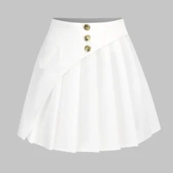 Pleated Asymmetrical Button Fake Pocket Zipper Skirt