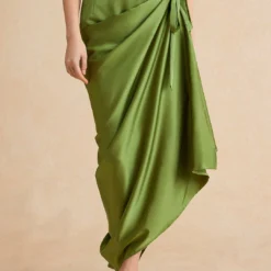 Satin Asymmetrical Ruched Tie Knot Zipper Skirt