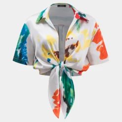 Satin Ruched Tie Front Short-Sleeve Shirt