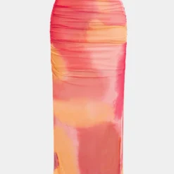 Mesh Tie Dye Print Ruched Slit Skirt