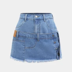 Denim Asymmetrical Pocket Button Skirt
