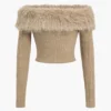 Knit Off Shoulder Patchwork Faux Fur Long-Sleeve Top