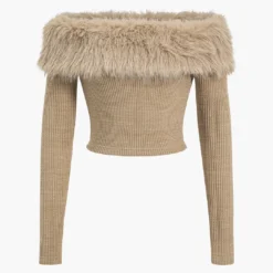 Knit Off Shoulder Patchwork Faux Fur Long-Sleeve Top