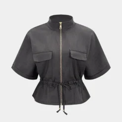 Linen Ruched Tie-Up Pocket Zipper Short-Sleeve Shirt