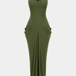Solid Ruched Sleeveless Maxi Dress