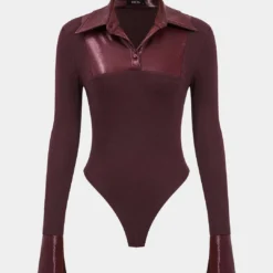 Patchwork Long Sleeve Faux Leather Bodysuit