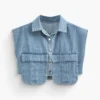Asymmetric Button Up Flap Pocket Crop Denim Vest