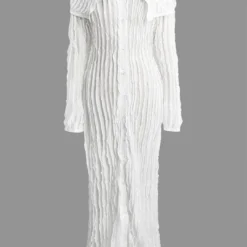 Off Shoulder Textured Button Up Slit Long Sleeve Maxi Dress -Women's Clothing Store cb0c79a2 d166 419a b54c 265388d4f131