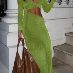 Twist Knot Deep V-Neck Long Sleeve Maxi Dress