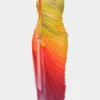 Ombre Print Twist Mesh One Shoulder Sleeveless Midi Dress