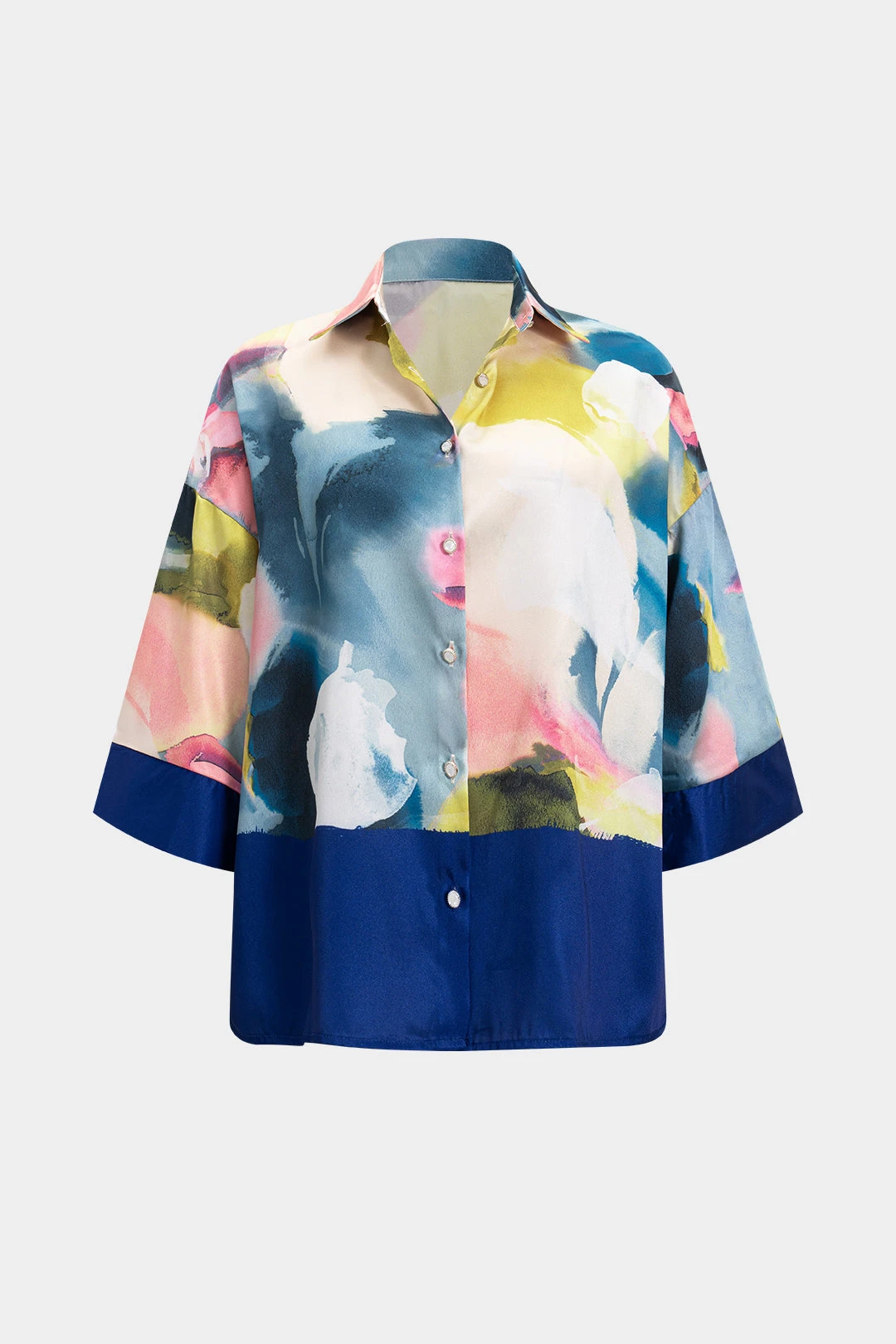 Abstract Print Satin Button Patchwork Short-Sleeve Shirt 2 Abstract Print Satin Button Patchwork Short-Sleeve Shirt - Image 2
