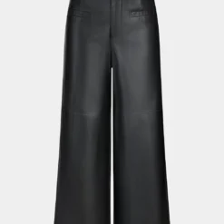 Faux Leather Button Pocket Wide Leg Trousers