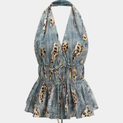 Retro Leopard Print Backless Tie-Up Ruched Drawstring Cami Top