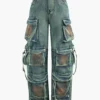 Stained Multi Flap Pocket Straight Leg Cargo Jeans