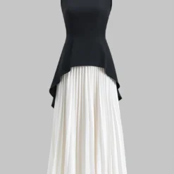Pleated Patchwork Zipper Sleeveless Maxi Dress