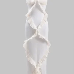 Ruffle Patchwork Bustier Side Slit Slip Maxi Dress