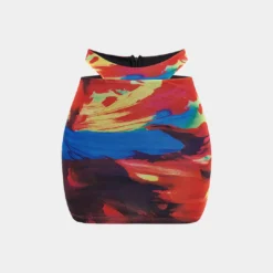 Mesh Abstract Print Cut Out Crossed Skirt