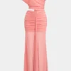 Mesh Cut Out Ruched Asymmetrical Maxi Dress