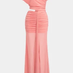 Mesh Cut Out Ruched Asymmetrical Maxi Dress