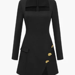 Solid Button Zipper Asymmetrical Mini Dress
