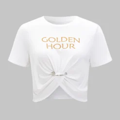 Metallic Decor Embroidery Ruched Short Sleeve T-Shirt