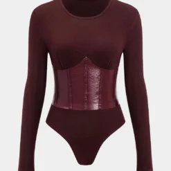 Patchwork Faux Leather Long Sleeve Bodysuit