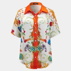 Floral Leaves Print Satin Button Short-Sleeve Shirt -Women's Clothing Store d1d8c181 e82e 4c34 b5b2 622173c6c556