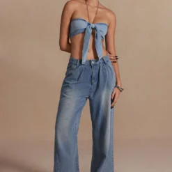 Chain Strap Halter Denim Bow Cami Top -Women's Clothing Store d27953a6 c379 4b96 aad3 2a3026044886