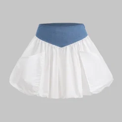 Denim Patchwork Ruched Pocket Skirt