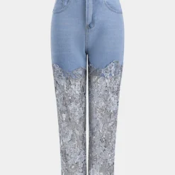 Denim Lace Patchwork Cut Out Button Pocket Wide Leg Jeans