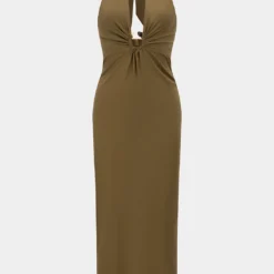 Satin Metallic V-Neck Halter Neck Tie-Back Sleeveless Maxi Dress