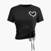 Heart Rhinestone Hollow Out Drawstring Ruched T-shirt