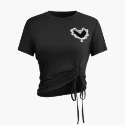 Heart Rhinestone Hollow Out Drawstring Ruched T-shirt