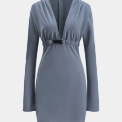 Ruched Zipper Belted V-Neck Long Sleeve Mini Dress