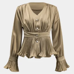 Satin Ruffle Ruched Button Long-Sleeve Shirt