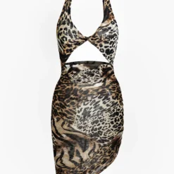 Leopard Print Twist Halter Backless Midi Dress