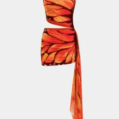 Butterfly Print Mesh Ruched Asymmetrical One Shoulder Mini Dress