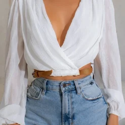 Chiffon V-neck Belted Long-Sleeve Shirt -Women's Clothing Store d9e44056 6396 4f35 a098 a1fd0277ba33