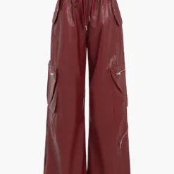 Faux Leather Drawstring Waist Cargo Pants