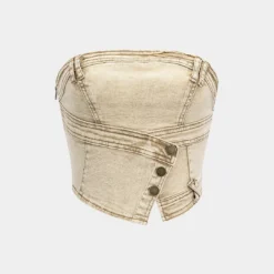 Denim Asymmetrical Buttoned Tube Top