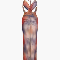 Ombre Print Backless Tie-Up Ruched Sleeveless Maxi Dress
