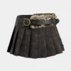 Faux Leather Fur Patchwork Belted Chain Pleated Skirt