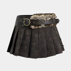 Faux Leather Fur Patchwork Belted Chain Pleated Skirt
