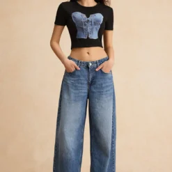 Printed Denim Short Sleeve T-Shirt -Women's Clothing Store db43a348 f5f4 4968 8073 582441a77590