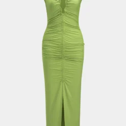 Metallic Decor Ruched V-Neck Sleeveless Slit Maxi Dress