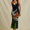 Floral Print Crisscross Back Mesh Slip Midi Dress