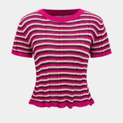 Stripes Contrast Print Knit Patchwork Short-Sleeve Top